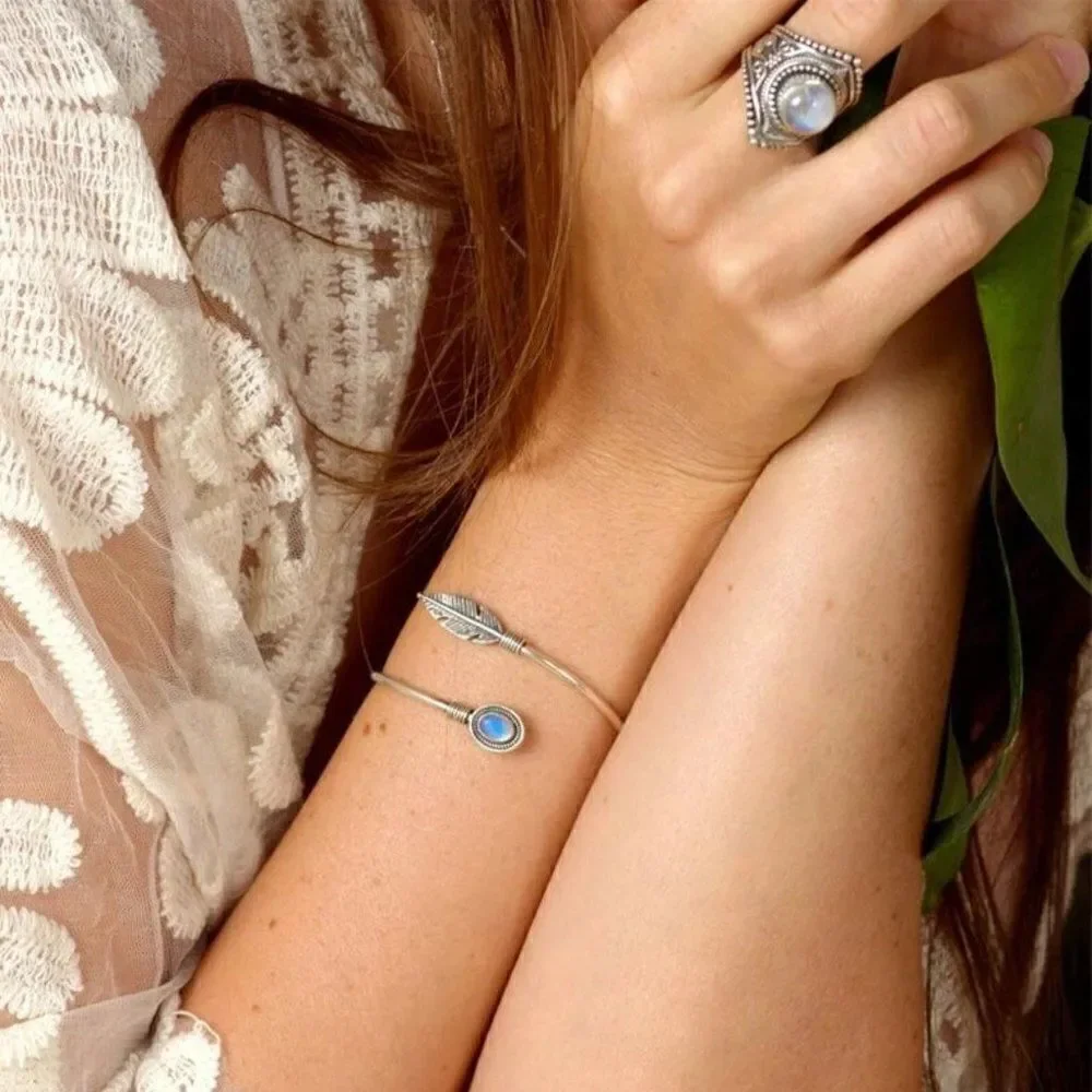 Vintage Style Moonstone Feather Bracelet